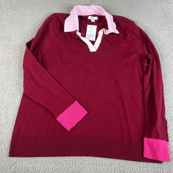 Croft & Barrow Sweater Womens Large Burgundy Pink Knit V Neck Collared Preppy - Picture 1 of 10